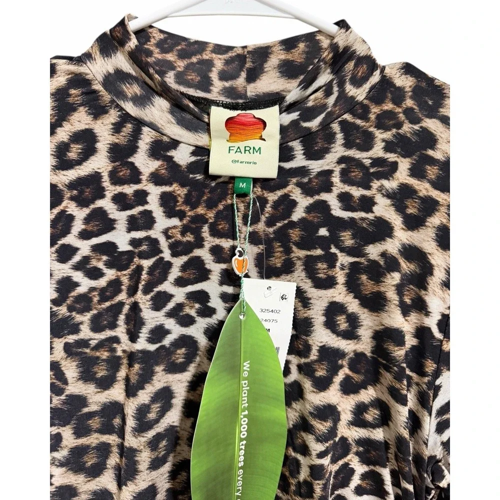 Farm Rio Mock Neck Long Sleeve Stretch Jersey Leopard Blouse Women's Size Medium